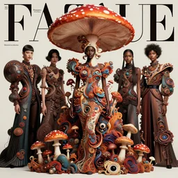 pretty african model with hallucination mushroom : : by martine johanna and simon stalenhag and chie yoshii and casey weldon and wlop : : ornate, dynamic, particulate, rich colors, intricate, elegant, highly detailed, vogue, harper's bazaar art, fashion magazine, smooth, sharp focus, 8 k, octane render,