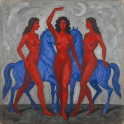 the three fates, red bodied devils and blue horses, Greek antiquity | pain, pleasure, suffering, adventure, love, life, afterlife, souls in joy and agony | abstract oil painting, gouche on paper by MC Escher and Salvador Dali and raqib shaw |