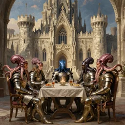 mages with human bodies and magical armour with octopus heads sitting near the table in an ancient mage castle with enormous scale, gothic and baroque, brutalist architecture, ultradetailed, Intricate by John Howe and Josan Gonzalez and Giuseppe Arcimboldo