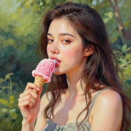 beautiful girl eat a pink ice cream on nature background, acrilic paint, digital, artstation, detailed intricate ink illustration, heavenly atmosphere, digital art, overdetailed art, concept art, complementing colors, trending on artstation, cgstudio, the most beautiful image ever created, dramatic, subtle, details, award winning artwork, beautiful scenery