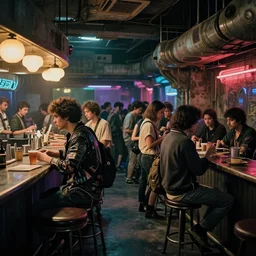 photograph of retro techwear people loitering near the bar of a packed busy rundown nightclub, retrofuturism, brutalism, cyberpunk, sigma 85mm f/1.4, 35mm, 4k, depth of field, high resolution, 4k, 8k, hd, highly detailed, full color