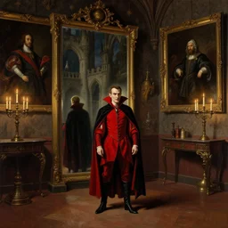 Dracula in red black clothes stands in front of a large mirror no reflection, gothic castle room, large royal portraits on walls, lit candles in candelebras, high-detail oil painting by Petrus van Schendel