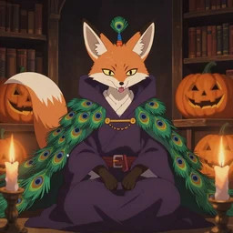 a screenshot of an anime of a fennec fox peacock character with oni fangs, wearing mage robes, sitting in a library over candlelight, anime by yuji ikehata, spooky, halloween, candlelight, dimly lit, artistic