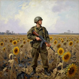 a military soldier with automatic rifle standing in the charred, dry sunflower field, looking at the sky. painting by asher brown durand, caspar david friedrich, thomas cole, monet, martin johnson heade, moebius, agnes pelton