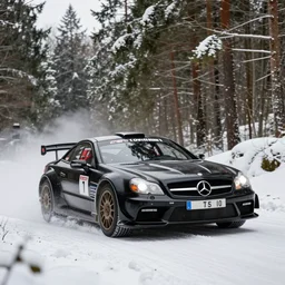 a 2 0 0 9 mercedes - benz sl 6 5 amg black series, racing through a rally stage in a snowy forest