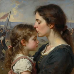 portrait of a mother kissing her daughter's forehead, the mother and her daughter are on a battlefield. by Ciryl Rolando, hyperrealistic illustration, digital art, studio lightning, very detailed faces