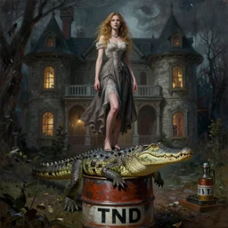 haunted - mansion style vertical painting of a woman standing on top of a crocodile standing on a barrel labeled tnt