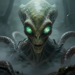 grotesque alien with long forehead. green semitransparant cloudy lightly glowing eyes. high quality photorealistic octane render 4 k, hyperrealism, volumetric fog, scary, unnerving, serious, dark, fear, concept art of chris foss, trending on cgstation, symmetric, horror, gigantic kaiju looking down worms - eye - view