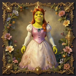 a beautiful detailed front view portrait of princess fiona from shrek with ornate growing around, ornamentation, flowers, elegant, beautifully soft lit, by wayne barlowe, peter mohrbacher, kelly mckernan,