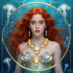 Emilia Clarke with red hair as the little mermaid, a beautiful art nouveau portrait by Gil elvgren, beneath the ocean waves glowing jellyfish environment, centered composition, defined features, golden ratio, intricate seashell jewelry that glows, bubbles