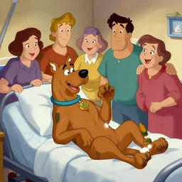 scooby - doo on deathbed, freinds and family surround him with love, shaggy holding his paw, uplifting, hospice, hannah barbera, animated tv show