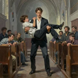 oil painting of gordon freeman being held up by slaves in a church