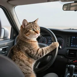 A cat piloting an airplane, cat is holding the steering wheel, photography