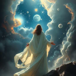 in flowing white robes she watches as the universe is born, full body, supersaturated nebulas, misty, ultra dramatic lighting, bright radial arcs of light, radiant stars, intricate, hyper detailed, masterpiece, beautiful painting by ruan jia, artgerm, alphonse mucha, frank frazetta