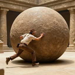 Indiana Jones running from rolling boulder trap in ancient temple movie scene