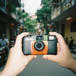 2 0 2 2, blair witch style disposable camera, flash, pov, hanoi street, meaty ghost creature standing tall in the middle of the road
