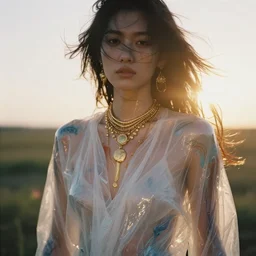 filmstill photography of female body covered with white translucent blanket acrylic liquid colors, luxurious supermodel photoshooting, golden jewelry, bokeh, godrays, strong wind, wrinkles, sunrays, sunset, lens flare