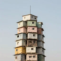 a tower made up of makeshift squatter shacks with soft colours, mamiya, f 1. 7, uniform plain sky, fine details, photographed by julie blackmon