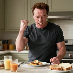 A hyper realistic photo of Arnold Schwarzenegger throwing a fit while making breakfast in the kitchen, taken with a Canon EOS 5D.
