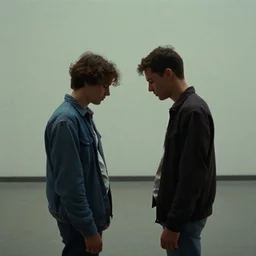 7 0 s film still from a horror movie of two young adults standing in profile and facing each other looking downwards while standing in a liminal space, kodachrome, cinecolor, cinestill, photorealism, cinematic, film grain, film texture, vhs recording