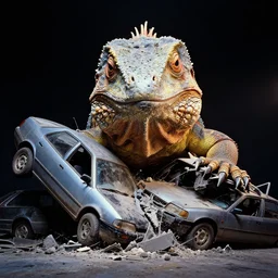 full view kodachrome photograph face of giant reptilian crushing cars studio lighting