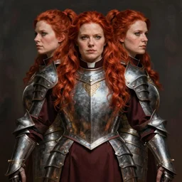 symmetrical portrait of a stocky muscular redheaded woman in clerical vestments over full plate armor, iconic character art by Wayne Reynolds for Paizo Pathfinder RPG