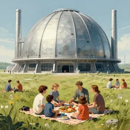 family having a picnic in front of a sci fi nuclear containment building by simon stalenhag, tales from the loop