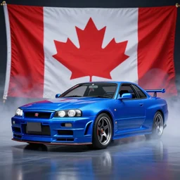 electric blue R34 skyline with Canadian flag in the background, photography, 4k, volumetric lighting, glowing fog
