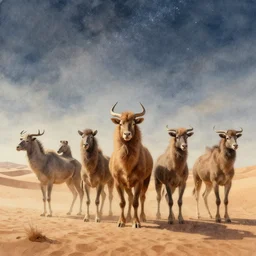 fantasy beasts standing in the desert with sky with stars in watercolor, cinematic, highly detailed wide, atmospheric lighting, muted colors