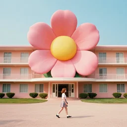 giant flower head, girl walking in 1 9 6 0 s hotel, surreal, symmetry, mid century, fanciful, liminal space, detailed, wes anderson