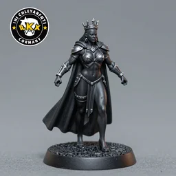 80mm resin detailed miniature of a Very Muscular Queen, black skin, long cloak, bikini-armor, iron crown, Shaved head, on textured disc base, Company logo in upper left corner; Miniature product Photo, 4K, Full body