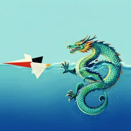 a water dragon swimming from right side to the left side in style of kazemir malevich, desktop wallpaper