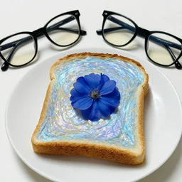 holographic bread toast with blue flower and black eyeglasses