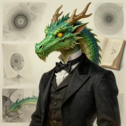 anthropomorphic art of a businessman dragon, green dragon, dragon head, portrait, victorian inspired clothing by artgerm, victo ngai, ryohei hase, artstation. fractal papers and books. highly detailed digital painting, smooth, global illumination, fantasy art by greg rutkowsky, karl spitzweg