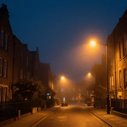 foggy council estate at night, with orange street lights