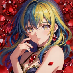 studio portrait absurdly beautiful, elegant, graceful, young hypercolorful sensual anime gravure idol rubies and red petals, ultrafine hyperrealistic detailed face illustration by kim jung gi, irakli nadar, intricate linework, sharp focus, bright colors, matte, octopath traveler, final fantasy, unreal engine highly rendered, global illumination, radiant light, intricate environment