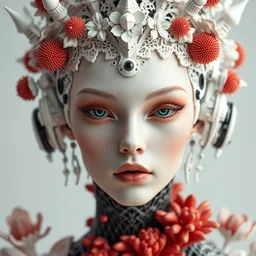 complex 3 d render hyper detailed ultra sharp beautiful futuristic close - up stunning biomechanical humanoid woman with carved porcelain ivory fair face, iris van herpen daisies corals cyberpunk filigree lace haute couture headdress with rhizomorph finials spires, white mecha, brackets, fractal red puffballs, octane render, dof, 8 k