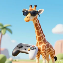 film still of a giraffe with a controller, 3D render, digital art, clean, sunglasses, extremely detailed, vivid colors