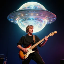 color photos of roy buchanan playing his telecaster as a giant glowing orb like alien ufo floats in above him, cinematic