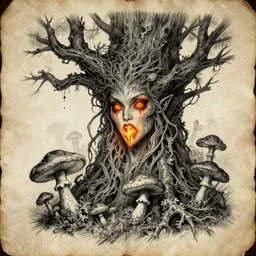 rotten tree spirit dryad with a beautiful face and flaming mouth and eyes + mushrooms + fungi + lichen + sketch lines + graphite texture + old parchment + guillermo del toro concept art + justin gerard monsters, intricate ink illustration
