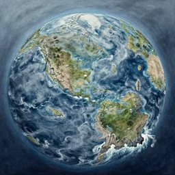 drone photography with delicate gouache embellishments this is a land on an unforgiving world of churning oceans and jagged coastlines. every habitable island is situated somewhere along the planet's equator where the weather is still volatile but more hospitable than any points to the north or south, process art