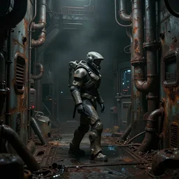 horror movie scene with moody colors of an individual in futuristic armor, walking through a deep space mining space station, rusty metal walls, broken pipes come out of the walls, pools of water on the floor, 3 / 4 side angle, dark colors, muted colors, tense atmosphere, mist floats in the air, amazing value control, dead space, moody colors, dramatic lighting, frank frazetta