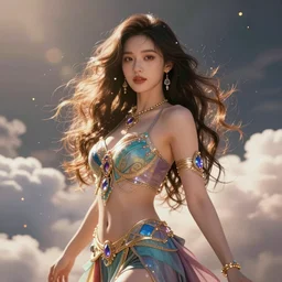a beautiful female goddess of the instagram character, character is in all its glory, character is in her natural relaxed pose, rim lights, particles and dust in the air, fancy clouds, highly detailed professional photo, dynamic lights, particles are flying, depth of field, trending on artstation, professional illustration, hyper realistic, vray caustics, super detailed, colorful accents, cinematic shot