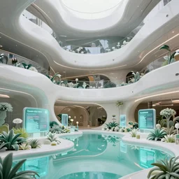 highly detailed futuristic architecture by Frank Lloyd Wright and Zaha Hadid, reflective lighting, plastic vegetation, holographic signs, ground-level view, puddles of turquoise water, stunning sunny lighting, sunrise, vivid colors, in the style of pixar animation, trending on Artstation, 8k, matte painting, ray tracing, hyper detailed, unreal engine 5, cinematic, epic lighting, cryengine, octane render, cyberpunk, red and orange glow, vibrant