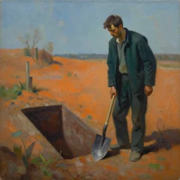 A oil painting of a man with a shovel standing next to an open grave, subtle blue, orange, and dark green tones, high quality, high detail,