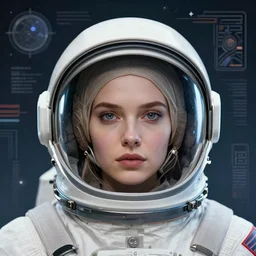 retrofuturistic portrait of a woman in astronaut helmet, space graphics art in background, close up, wlop, dan mumford, artgerm, liam brazier, peter mohrbacher, 8 k, raw, featured in artstation, octane render, cinematic, elegant, intricate, 8 k