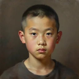 dramatic oil painting portrait of chinese boy buzz cut