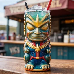 a closeup photorealistic photograph of a glossy captain marvel style tiki mug sitting at an outdoor trader vic's bar featuring captain marvel's face. tiki theme. icy colorful drink. bright scene. fine detail. this 4 k hd image is trending on artstation, featured on behance, well - rendered, extra crisp, features intricate detail, epic composition and the style of unreal engine.
