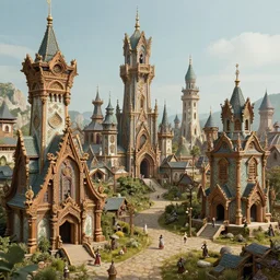 Photo of a fantasy village diorama. Building structures in the style of elven and dwarven homes. High age of advancement. Tolkienesque. Byzantine. Intricate decorations. Ornate wood carvings.