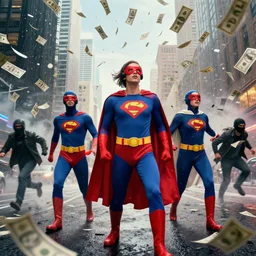 rappers in superhero costumes looking at the sky. a swarm of money in the city. people running for their lives. terrorist attack. it's raining money. game show. ecstacy